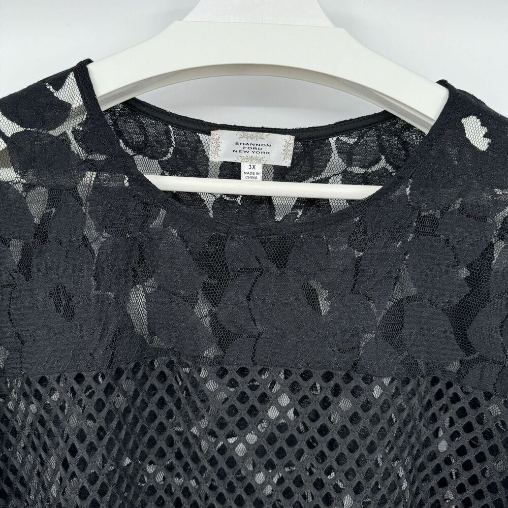 Shannon Ford New York Sheer Top Womens 3X Black Net Floral Lace Short Sleeve - Picture 3 of 11
